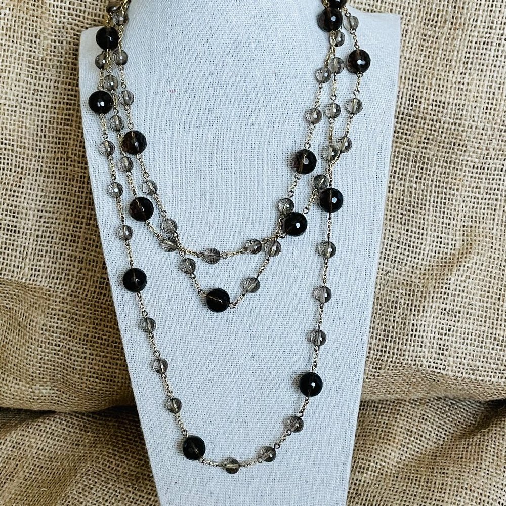 Vintage Yoni Z Smokey Topaz Faceted Beaded Chain Rosary Maxi Long Necklace 62”